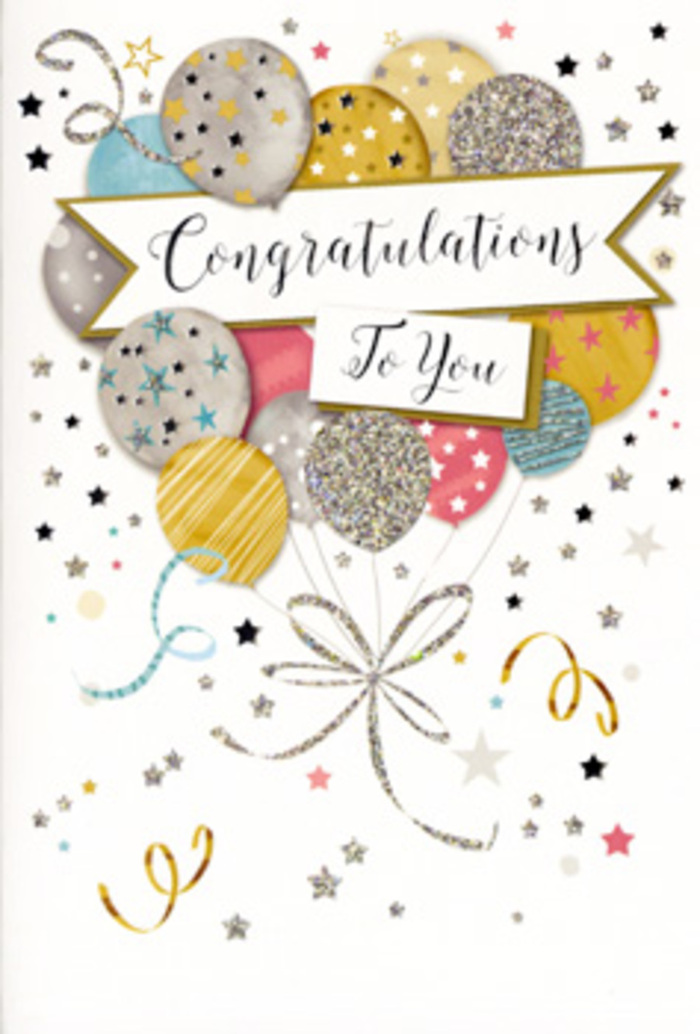 The image shows a refined congratulations card styled as a joyful celebration scene, reminiscent of the kind of thoughtful finishing touch a local Dartford florist might tuck into a bouquet before delivery. A cluster of balloons dominates the centre, rising upward in a loose, airy arrangement that feels as buoyant as the occasion it honours. The balloons are illustrated in complementary tones of soft gold, silver, champagne, sky blue, delicate pink, and gentle dove grey. Each carries its own unique decoration-some are sprinkled with tiny metallic stars, others are brushed with fine glitter-like dusting, and a few are wrapped in slender, shimmering stripes-so that, together, they form a cohesive yet varied display. The strings trail down in fine, curling lines of gold and silver, meeting in a small, stylised knot that adds elegance rather than clutter. Behind them, the background is a smooth, pale field scattered with small stars, dots, and swirling ribbon motifs, giving the sensation of confetti falling slowly after a toast at a celebration in one of Dartford's family homes. A floating banner sweeps across the middle of the design, inscribed with Congratulations in flowing, graceful script, the lettering slightly bolder and darker so it stands out clearly against the soft tones. The card feels light, polished, and genuinely festive-perfect for honouring exam success, a new job, or any moment of achievement. When combined with a fresh, hand-tied bouquet, it helps turn congratulations into a keepsake memory for recipients across Dartford.