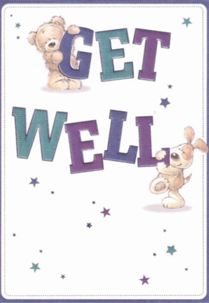 A whimsical scene unfolds on this get well card, bright with comfort and the inviting charm unique to Dartford's close-knit community. The central illustration delights: an amiable bear, soft and textured, cradles the bold lettering of 'GET,' while a playful puppy with velvety ears nestles under 'WELL,' their innocent expressions radiating heartfelt encouragement. Dancing around them, cheerful starbursts in shades of purple and teal evoke the hopeful spirit alive in Dartford's High Street on a sunny afternoon. The typography is bold and rounded, shaded with hues that echo Dartford's own spring gardens-vivid, uplifting, and full of promise. Hints of tactile texture, from the bear's fuzzy fur to the puppy's plush coat, invite the imagination to reach out and feel their comfort. Just as an expertly curated bouquet from a local Dartford florist brightens a bedside, this card's airy composition and joyful details come together to lift the recipient's spirits. Whether delivered with fresh blooms or given alone, it serves as a gentle, sincere gesture of care rooted in the heart of Dartford.