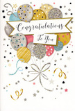 This congratulations card is designed like a small, self-contained celebration, echoing the festive spirit you might feel at a Dartford gathering after good news. In the centre, a lush cluster of illustrated balloons appears to float upwards, layered closely together so their rounded shapes overlap and create depth, almost like a floral arrangement in balloon form. The colour palette is tasteful and uplifting: mellow golds and silvers, champagne beige, soft sky blue, rosy blush pink, and quiet grey, all brought to life with accents of fine glitter, subtle star motifs, and delicate stripes. The balloon strings, drawn as meandering lines of gold and silver, drift downwards in loose curls, then converge at the base of the design, giving the composition a gentle sense of structure. Surrounding the balloons, the background is scattered with tiny metallic stars, stray dots of confetti, and swirling ribbon curls that seem to dance across the pale surface, suggesting the joyful scattering of decorations after a party in a Dartford living room or office break room. Across the middle floats a graceful banner bearing the word Congratulations in elegant script, the lettering confident yet warm. Nothing feels overdone; instead, the design radiates a calm, sparkling pride that suits milestones from promotions to new qualifications. When paired with a fresh bouquet delivered locally, this card helps express heartfelt admiration and joy, making the recipient feel genuinely celebrated anywhere in Dartford.