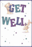 Brimming with joy and gentle optimism, this illustrated get well card features two adorable characters, a fluffy teddy and a playful pup, who seem to almost leap from the cheerful, cream-toned page. Both are actively engaged in delivering kind wishes, holding and balancing large, colourful letters that spell out 'Get Well' in vibrant shades of indigo and teal. The brightness of the text is heightened by a scattering of whimsical stars-hues of deep blue and purple-dancing across a soft, inviting background. The fur of the bear and puppy is illustrated with such care that you can almost feel its soft invitation to comfort, much like the soothing touch of a hand-delivered bouquet from Dartford's own local shops. This card, perfect for pairing with flowers on a doorstep in West Hill or Wilmington, carries a double dose of warmth and encouragement, its light-hearted artistry offering a comforting embrace to anyone healing or in need of Dartford's community cheer.